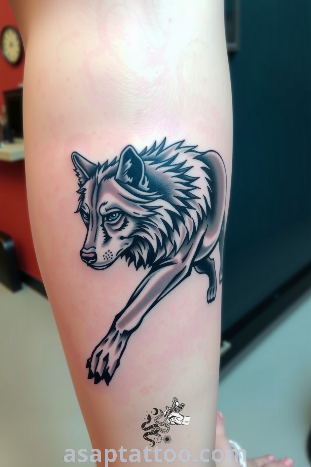 A majestic wolf tattoo with intricate linework and smooth gradients in deep gray and black, showcasing the wolf