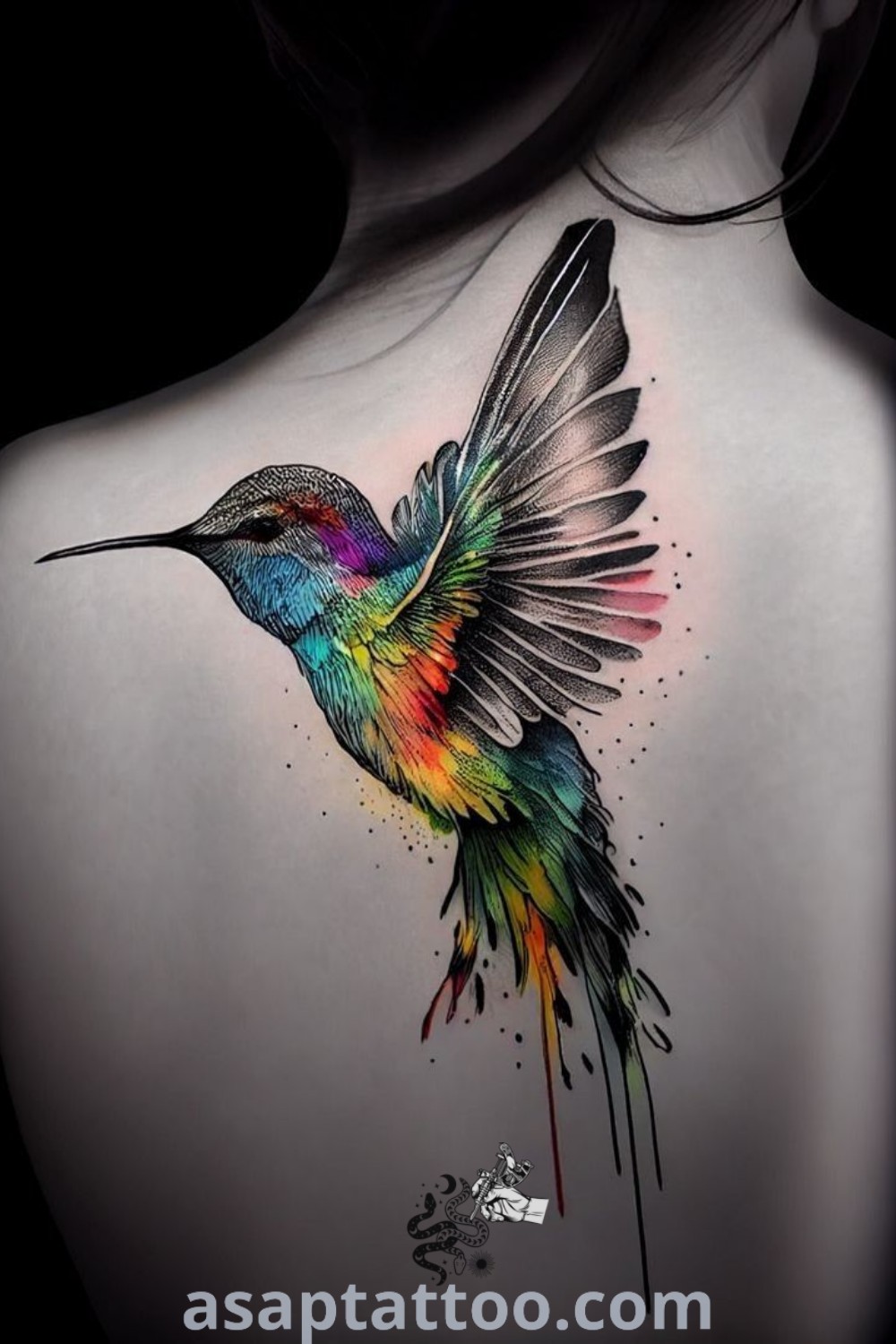 Colorful hummingbird tattoo on a woman