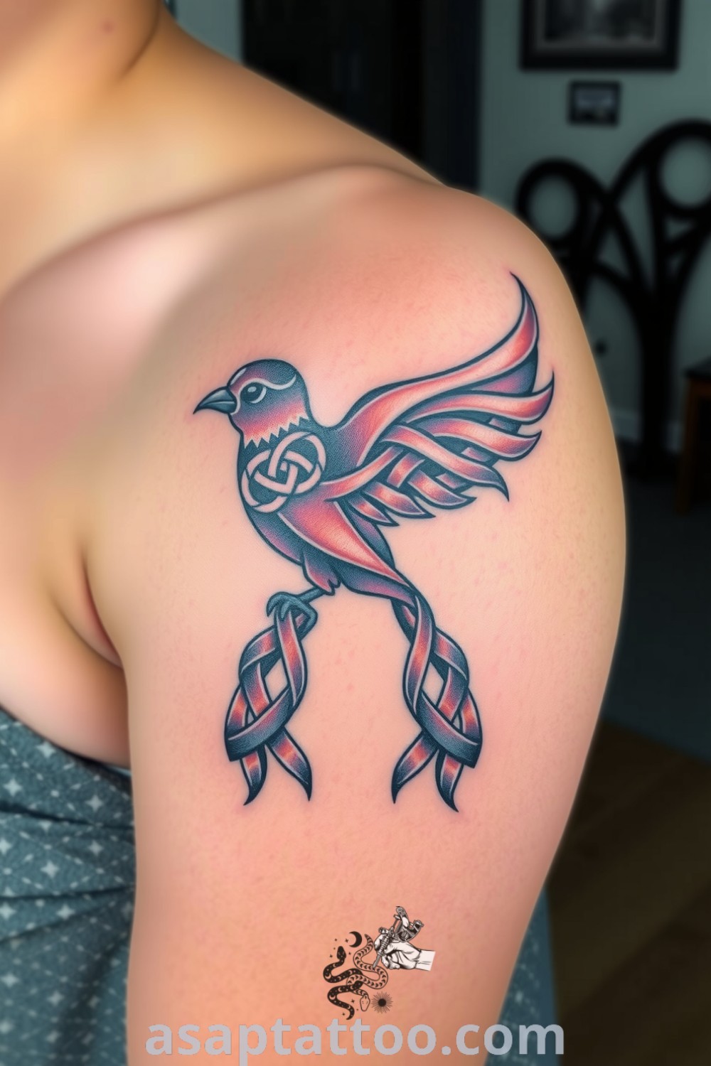 Celtic bird tattoo featuring intricate knots and flowing lines, showcasing rich ink contrasts and detailed shading. A gorgeous tattoo idea that will inspire you to get inked. asaptattoo.com