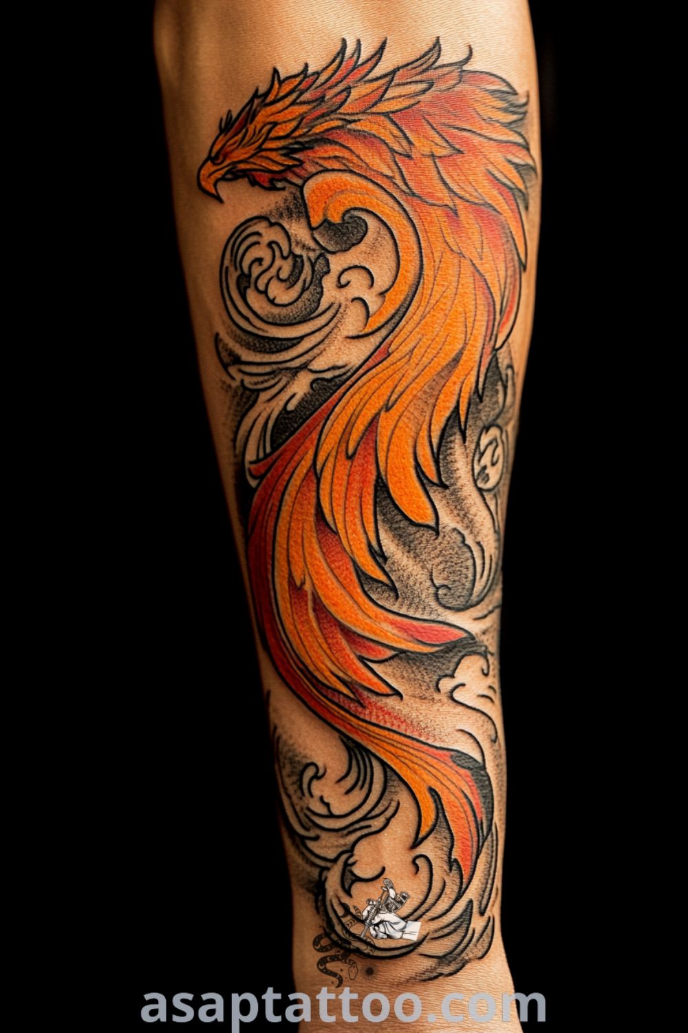 Phoenix rising tattoo with vibrant oranges and reds, featuring intricate linework and flow, a meaningful design that will inspire you to get inked. asaptattoo.com