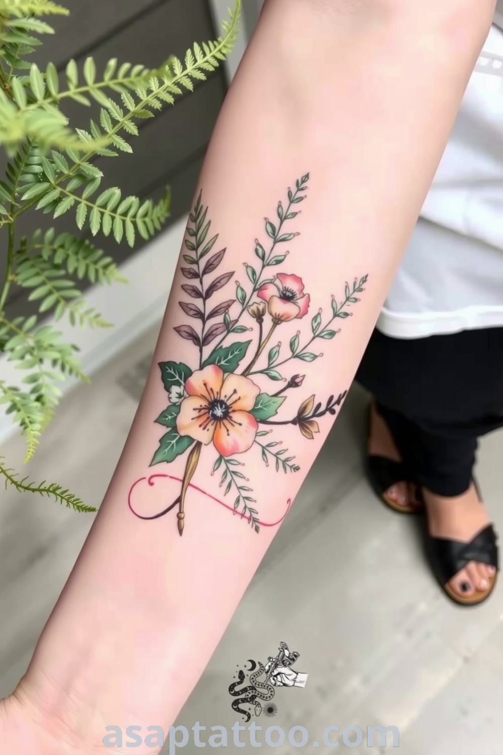 Watercolor plant tattoo featuring ferns and blossoms in soft greens and earthy tones with intricate linework, creating a stunning and elegant design. This gorgeous tattoo idea you must see to believe. asaptattoo.com