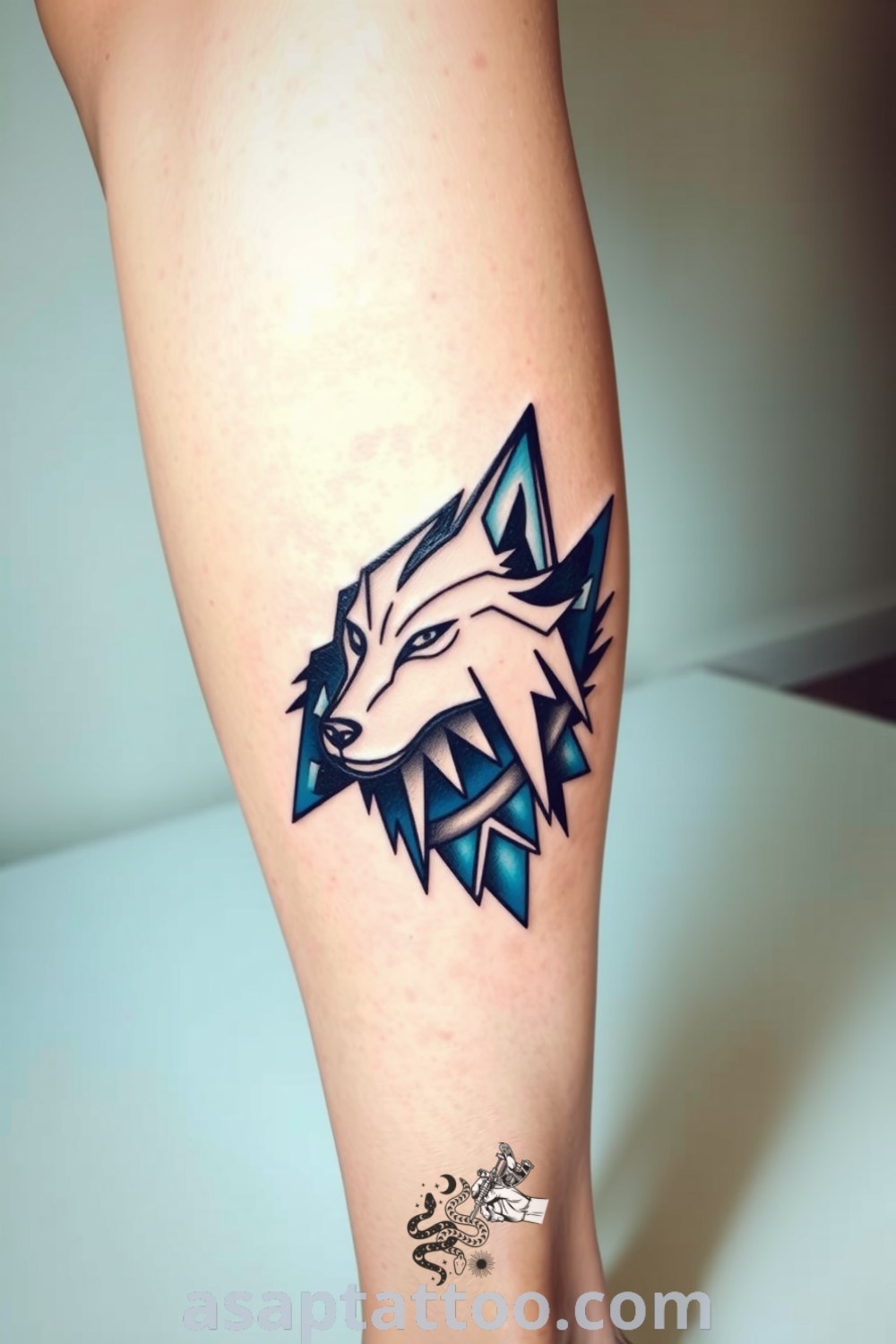 Abstract wolf tattoo featuring geometric shapes and smooth lines in deep blues and rich blacks, showcasing elegance and depth. A gorgeous tattoo idea you must see to believe. asaptattoo.com