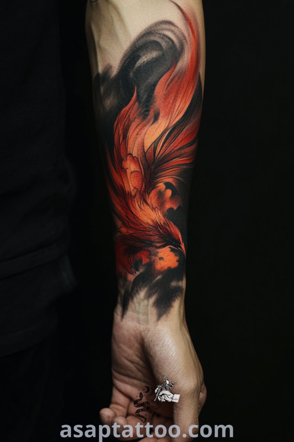 A vibrant phoenix tattoo with intricate linework, featuring flames in reds, oranges, and blacks. This amazing tattoo idea showcases the beauty of resilience and rebirth, making it a must-see for those looking for inspirational designs. asaptattoo.com