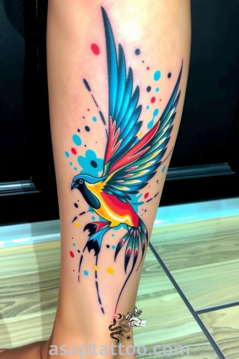 Graffiti bird tattoo with vibrant blue, red, and yellow colors showcasing dynamic linework and depth on medium skin. This amazing tattoo will inspire you to get inked. asaptattoo.com