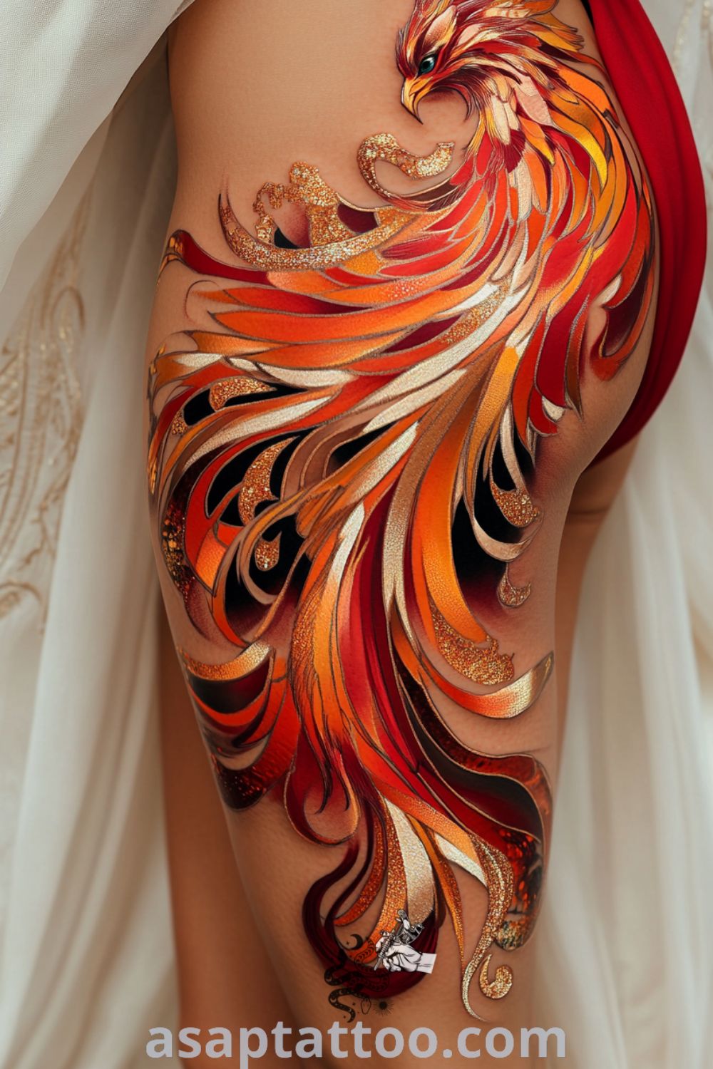 Celestial fire phoenix tattoo in vibrant reds, oranges, and deep golds, featuring intricate linework and shading for a dynamic effect. An inspiring tattoo idea you must see to believe. asaptattoo.com