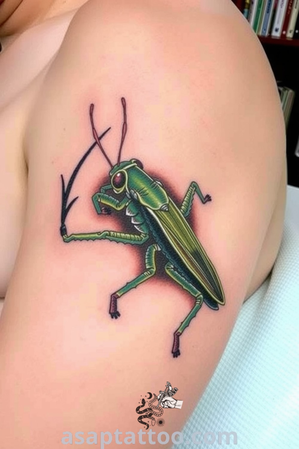 Neo-traditional grasshopper tattoo with intricate linework, rich greens and browns, and detailed shading, creating a vibrant and inspiring design. Tattoos to try right now that you will absolutely love. asaptattoo.com