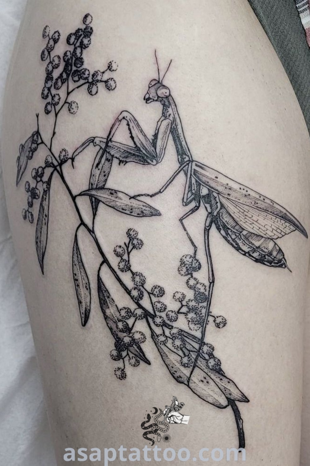 Edgy praying mantis tattoo on a woman
