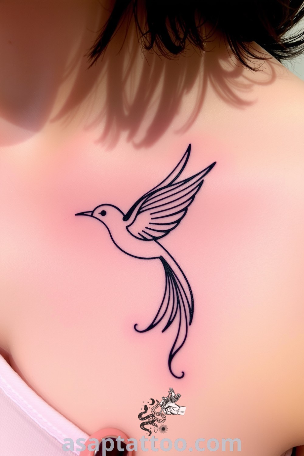 Calligraphy bird tattoo adorning the collarbone with intricate linework and rich ink saturation. A gorgeous design symbolizing freedom and beauty that you must see to believe. asaptattoo.com