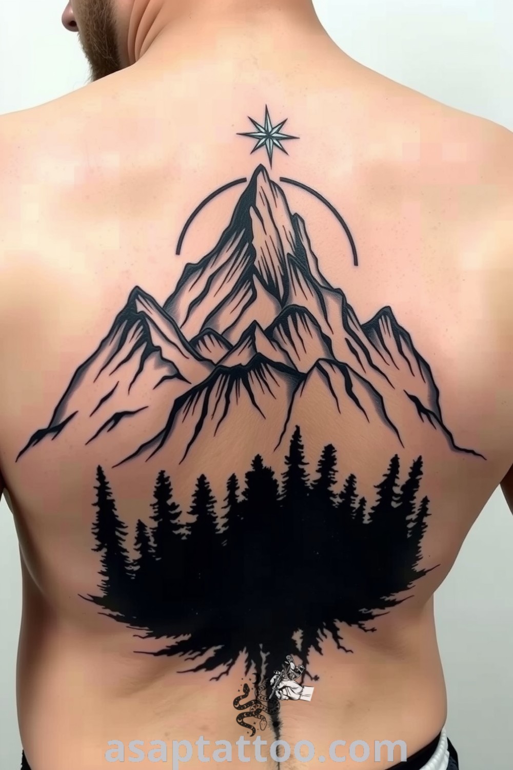 Blackwork tattoo of mountains and a dense forest, featuring bold lines and intricate shading that beautifully highlights medium skin tones. An amazing tattoo idea you must see to believe. asaptattoo.com