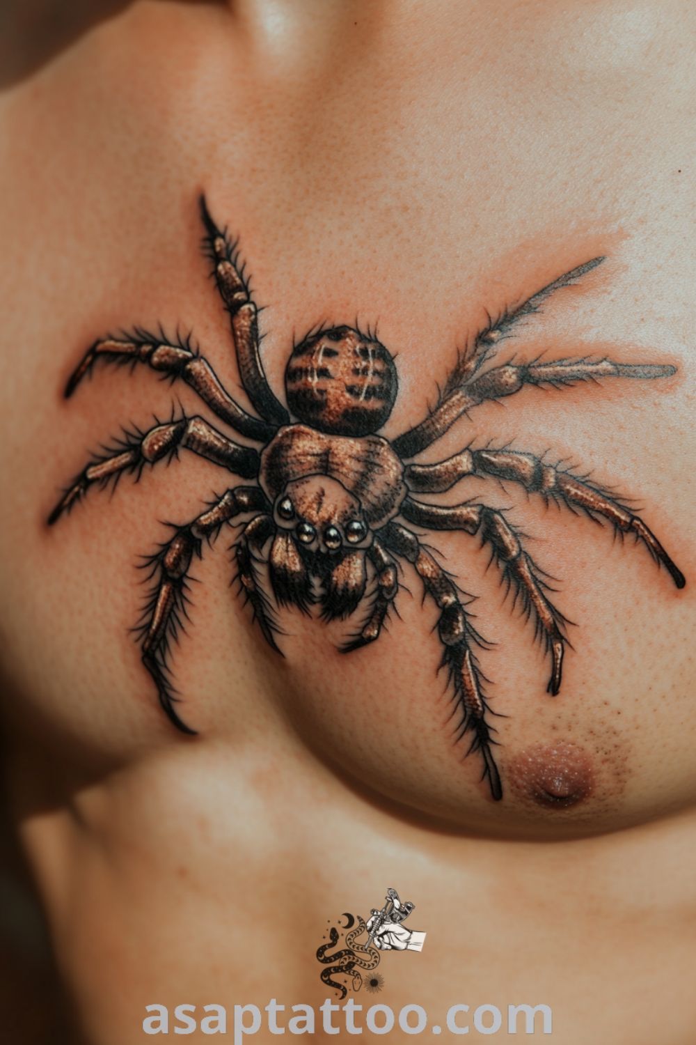 Metallic spider tattoo with intricate linework and iridescent sheen, creating a lifelike effect on lightly tanned skin. A gorgeous tattoo idea with meaning you will absolutely love. asaptattoo.com