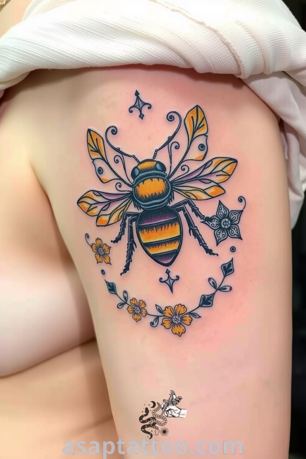 Intricate medieval bee tattoo with detailed linework and floral motifs, highlighting earthy tones and rich shading for a three-dimensional effect. A gorgeous tattoo idea you must see to believe. asaptattoo.com