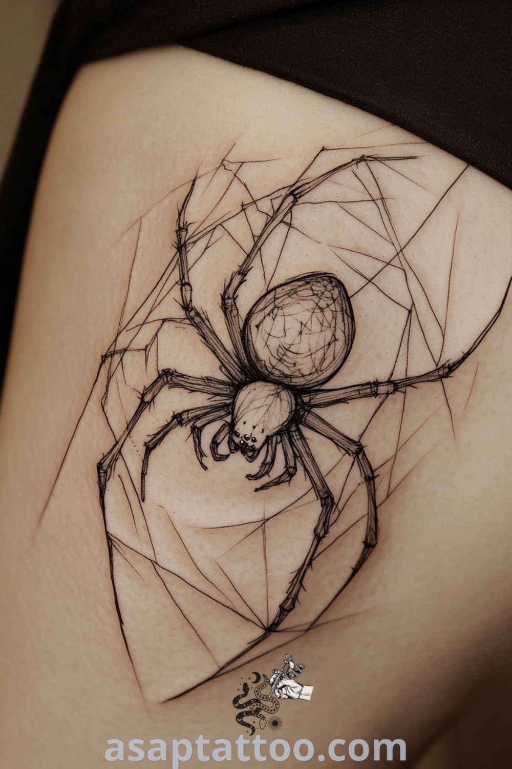 Sketch-style spider tattoo with intricate linework and rich black ink against medium skin tone. A gorgeous tattoo idea you must see to believe for its artistic charm and meaning. asaptattoo.com