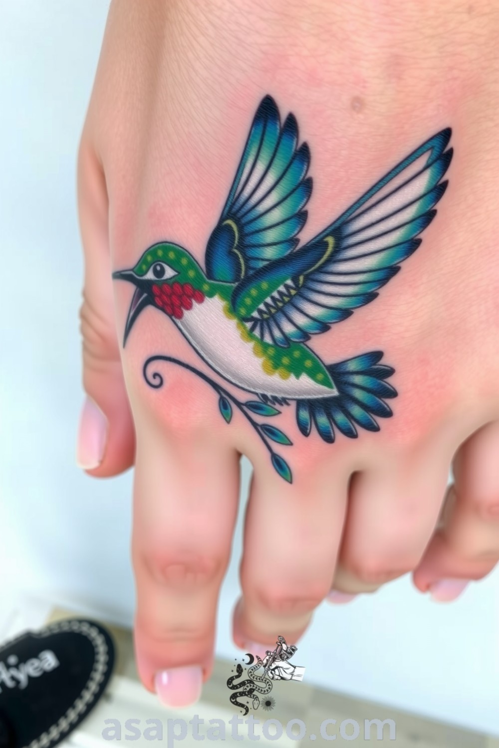 3D tattoo of a colorful hummingbird in mid-flight with intricate feather details, showcasing vibrant blues and greens. An amazing tattoo idea you must see to believe. asaptattoo.com