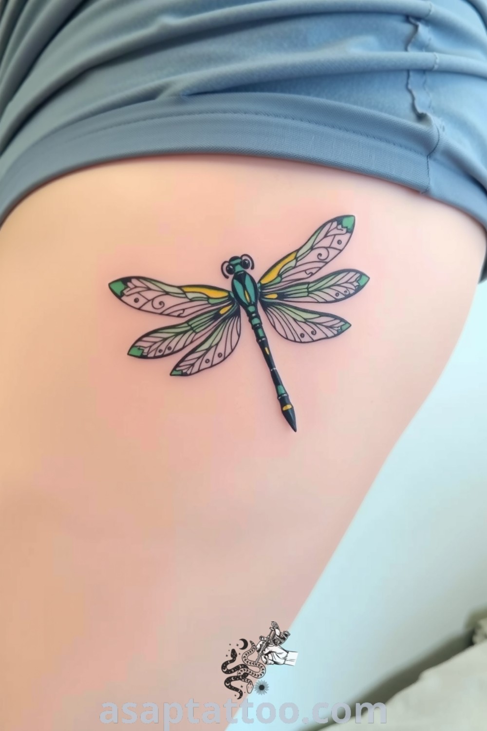 Ornamental dragonfly tattoo featuring intricate linework and vibrant blue and green gradients. A gorgeous design symbolizing transformation and resilience, you must see this elegant artwork. asaptattoo.com