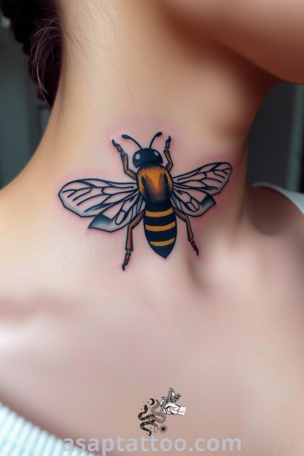 Intricate bee tattoo on the neck with fine linework and gradients, showcasing delicate wings and rich ink. A gorgeous tattoo idea that symbolizes diligence and community, you must see. asaptattoo.com
