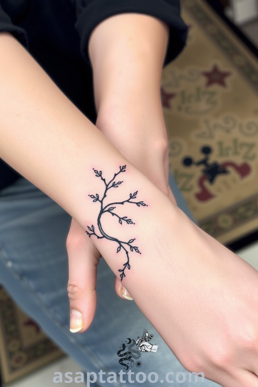 Dotwork tattoo of winding vines on wrist, showcasing intricate stippling and elegant lines. A gorgeous tattoo idea you must see to believe. asaptattoo.com