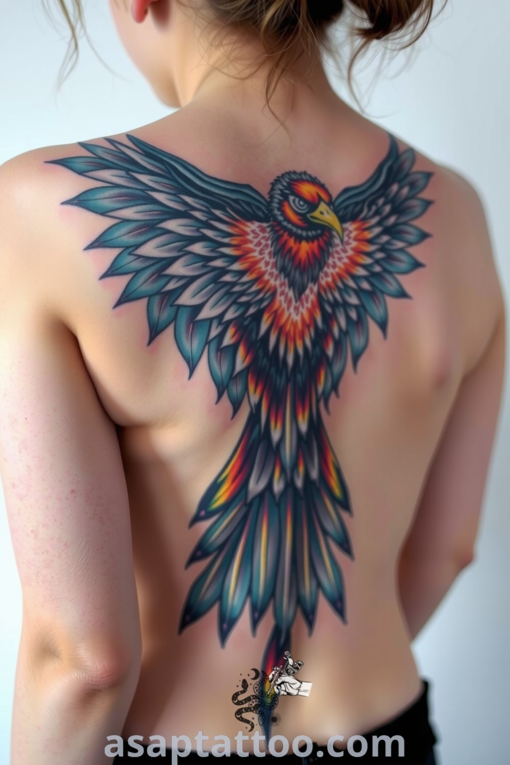 Surreal bird tattoo with intricate linework and vibrant blue to orange color blending, showcasing depth and ethereal beauty. A gorgeous tattoo idea that you must see to believe. asaptattoo.com