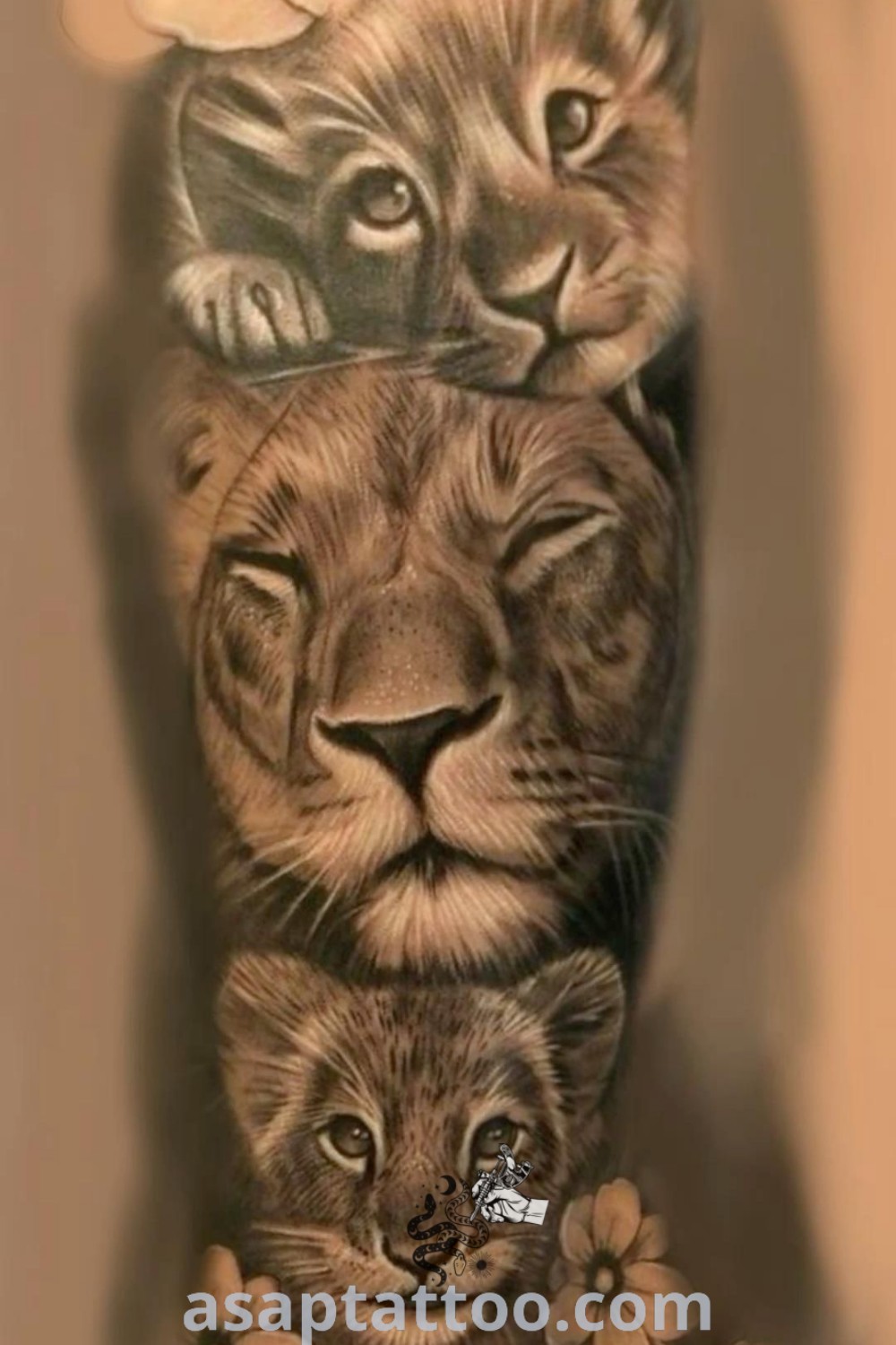 Stunning lion cub tattoo featuring a lioness and cub, symbolizing motherhood. A beautiful design loved by those seeking mom tattoos with meaning. Discover this and more at asaptattoo.com.
