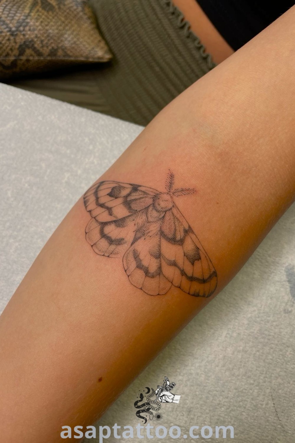 Small butterfly tattoo on the arm featuring fine line art, perfect for tattoo ideas like minimalist moth tattoos and cover-ups. Discover elegant designs that inspire you at asaptattoo.com.