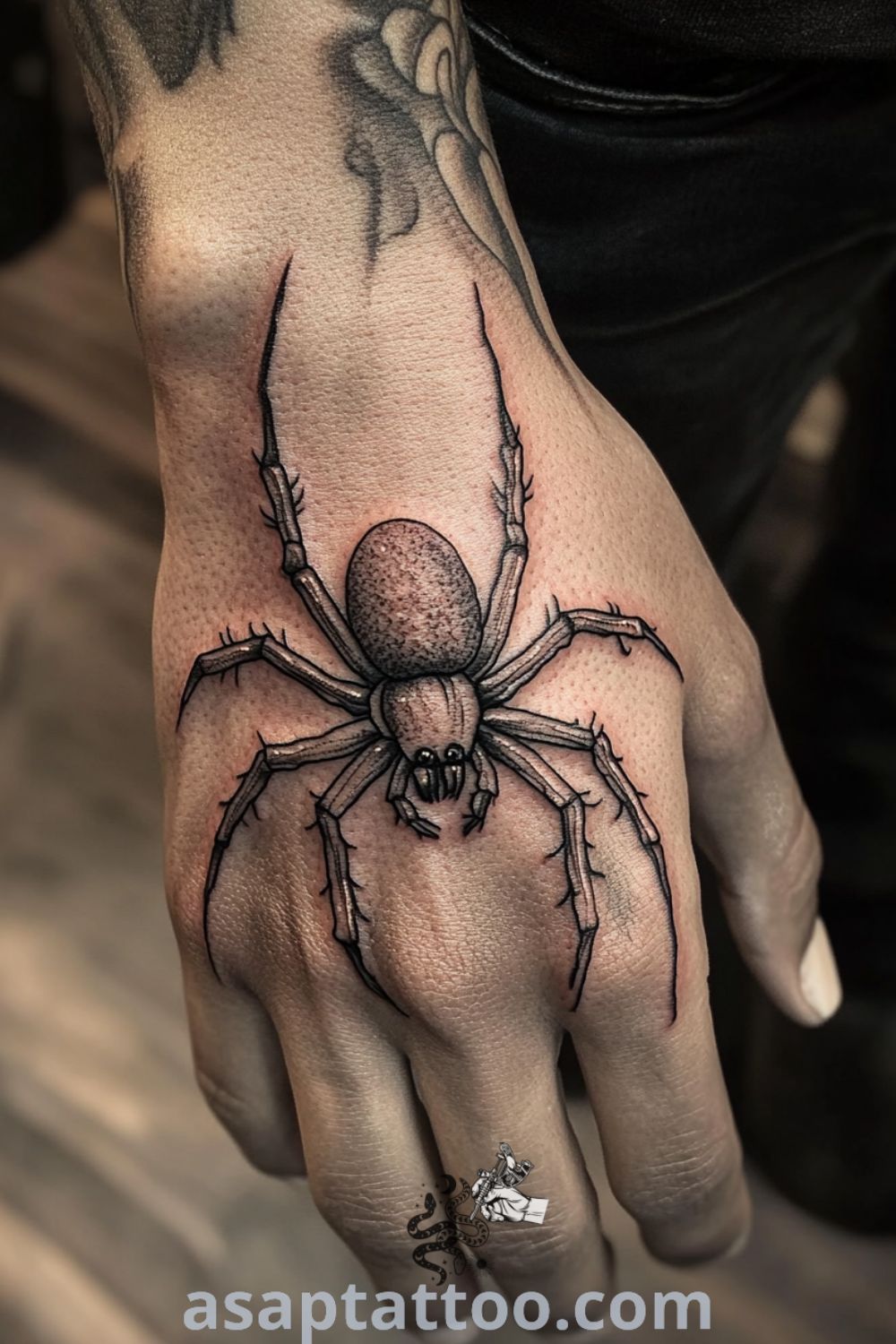 Chicano spider tattoo with intricate linework and rich black ink on the back of the hand, featuring detailed shading and elegant legs wrapping around the knuckles. A gorgeous tattoo idea you must see. asaptattoo.com
