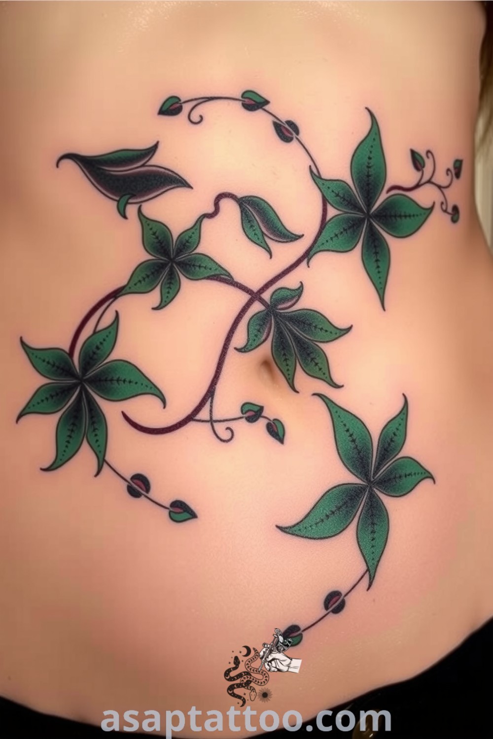 Japanese-style plant tattoo on ribcage featuring Ukiyo-e curves and stylized leaves in rich greens and earthy tones. An elegant tattoo design idea you must see to believe. asaptattoo.com