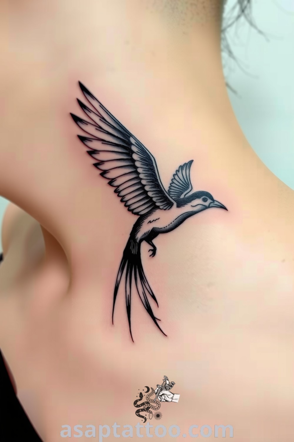 Intricate etching-style bird tattoo on the neck showcasing black and grey gradients, detailed feathers, and an expressive posture. A gorgeous tattoo idea you must see to believe. asaptattoo.com