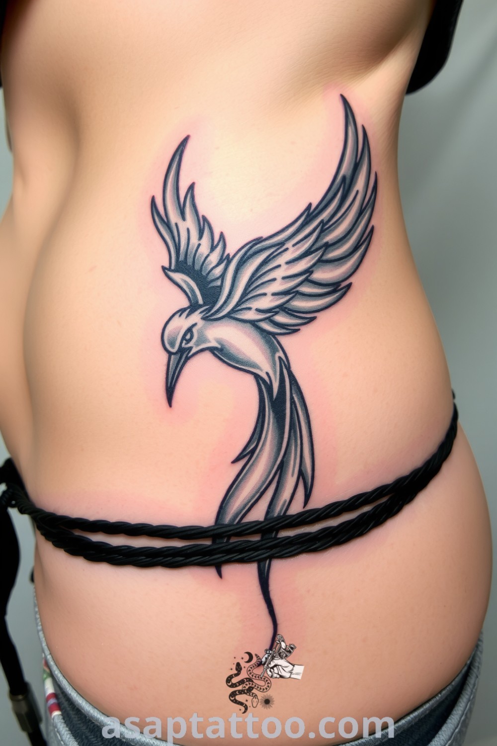 Grunge bird tattoo on ribcage featuring intricate linework, dark gray and black inks, and delicate feather details. An inspiring tattoo idea that beautifully integrates with the body