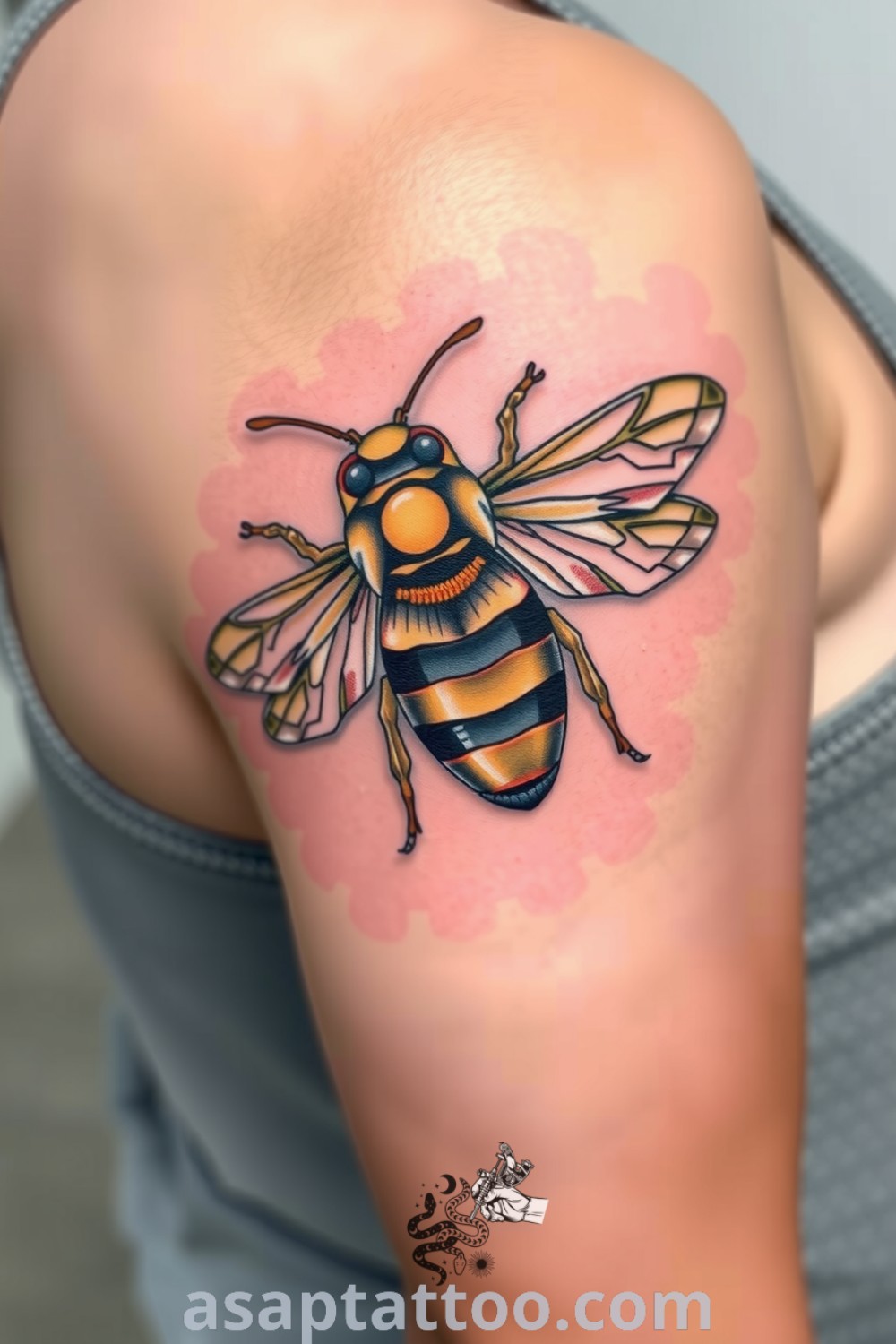 Steampunk bee tattoo with brass and copper details, showcasing intricate design and shading that inspires and captivates. A gorgeous tattoo idea you must see to believe. asaptattoo.com