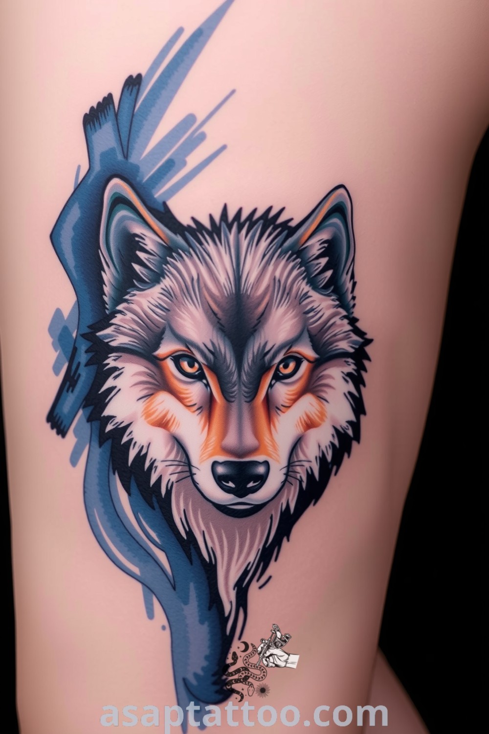 Brushstroke tattoo of a majestic wolf in deep blues and grays, showcasing textured effects and dynamic linework. An amazing tattoo idea you must see, perfect for anyone wanting to decorate their body with meaningful art. asaptattoo.com