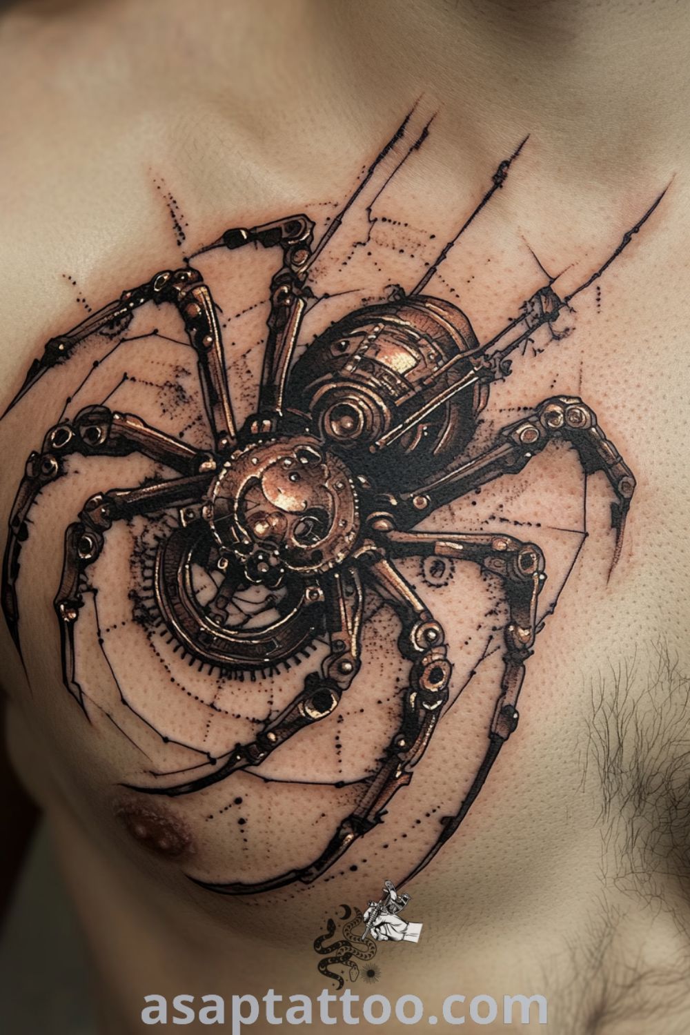 Intricate steampunk spider tattoo with gears and clockwork elements, rich blacks, and warm skin tones. A gorgeous tattoo idea that will inspire you to get inked. asaptattoo.com