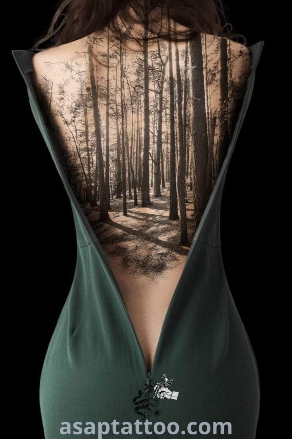 Surreal tattoo on the back of a woman