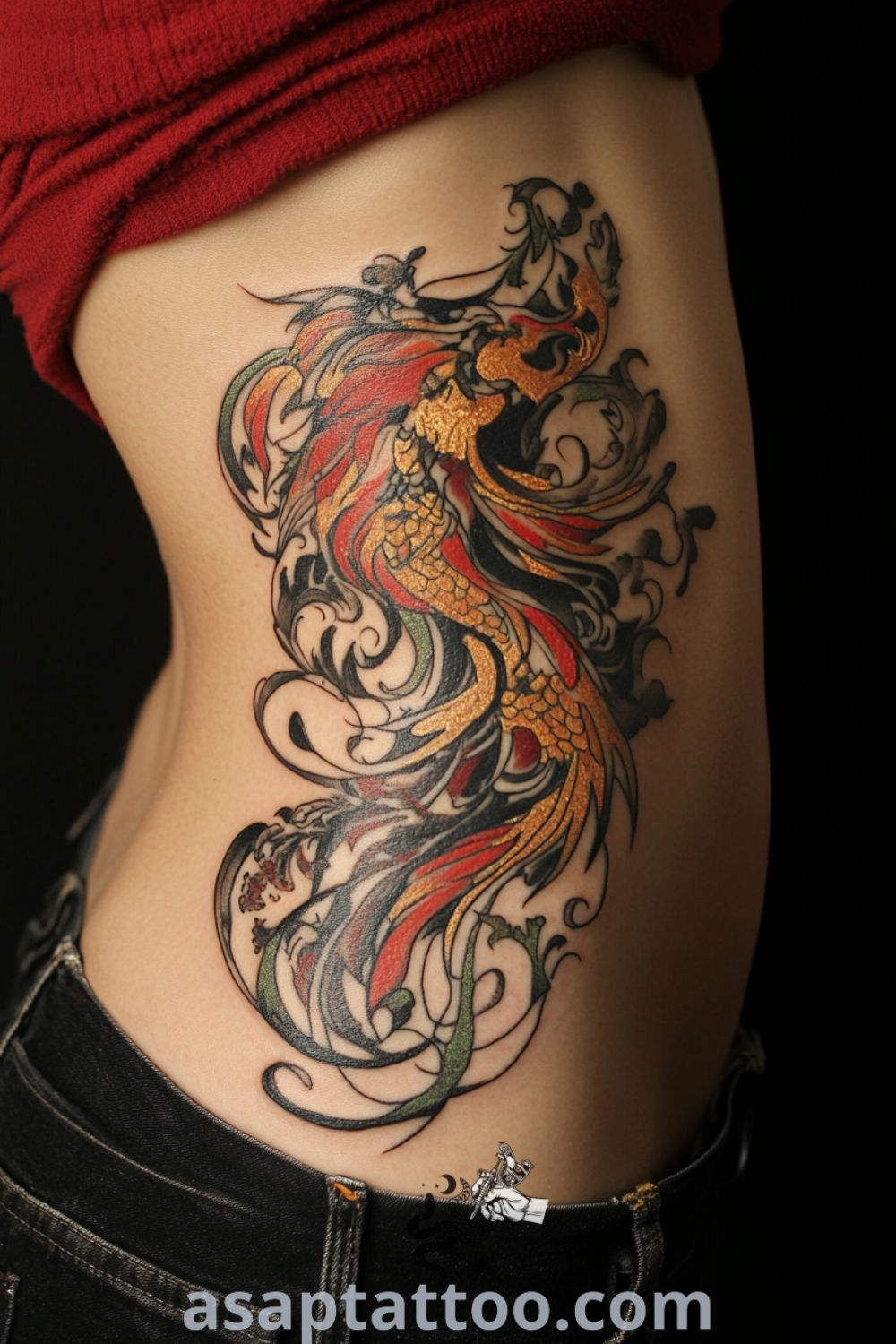 A vibrant wind-swept phoenix tattoo featuring fiery reds, oranges, and golds with intricate linework and shading for dynamic movement. An elegant tattoo idea that symbolizes rebirth, you must see it. asaptattoo.com
