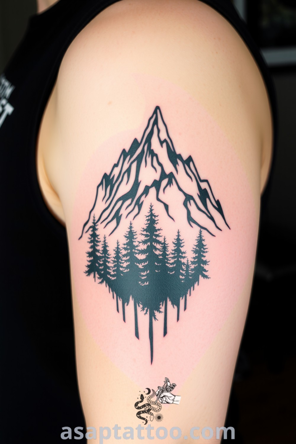 Tribal mountains and forest tattoo with intricate linework and shading, showcasing a rugged landscape that embodies adventure. An inspiring tattoo idea you must see to believe. asaptattoo.com