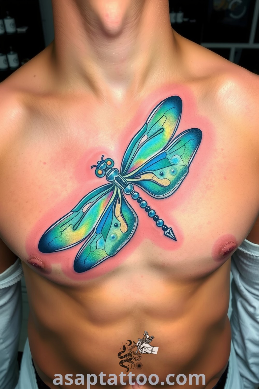 Intricate dragonfly tattoo with vibrant colors and flowing lines, showcasing a gradient of blues and greens that symbolize transformation. A gorgeous tattoo idea you must see. asaptattoo.com