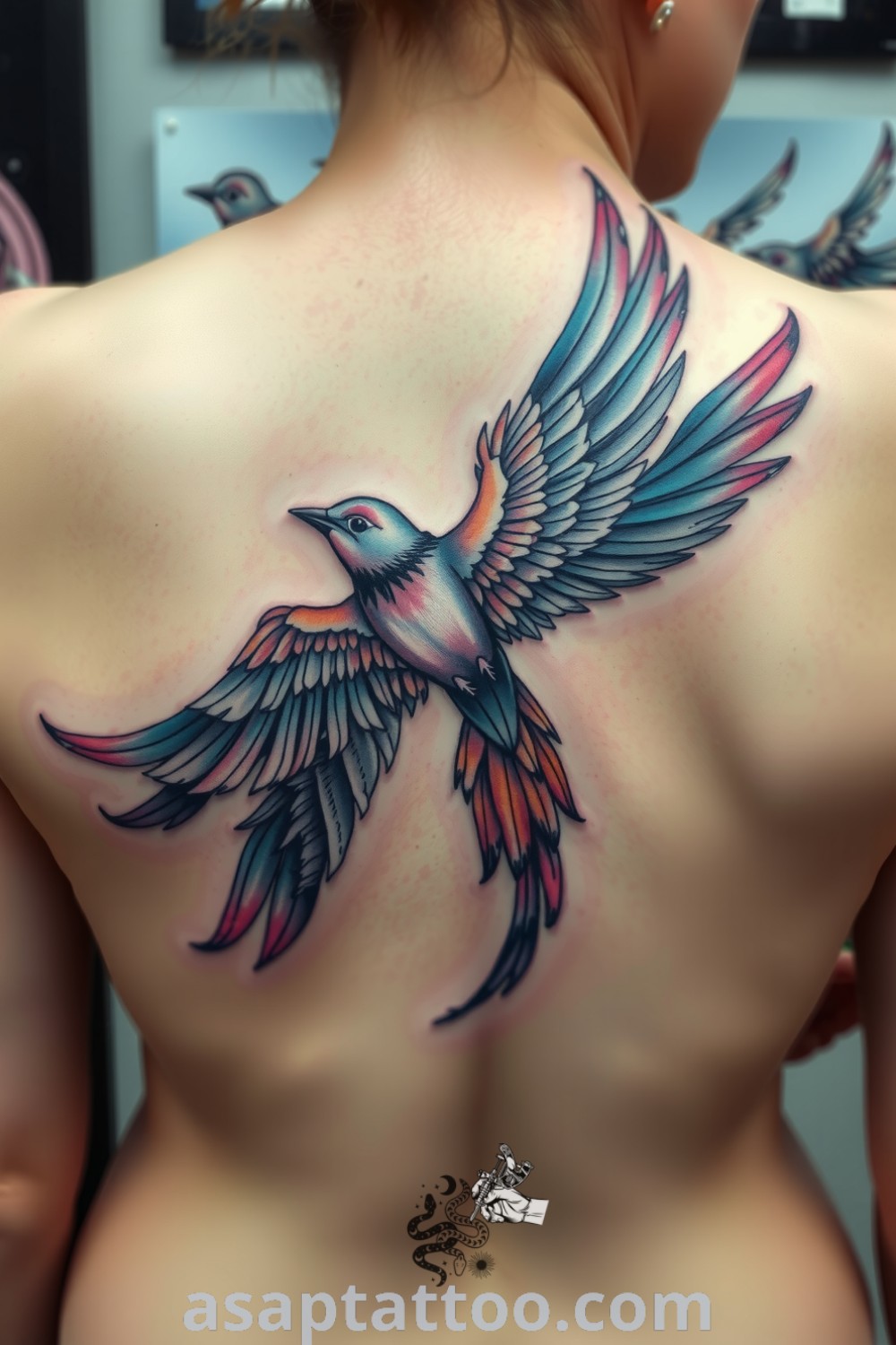 Surreal bird tattoo featuring intricate linework and a mesmerizing gradient of hues, conveying freedom and imagination. A gorgeous tattoo idea you must see to believe. asaptattoo.com