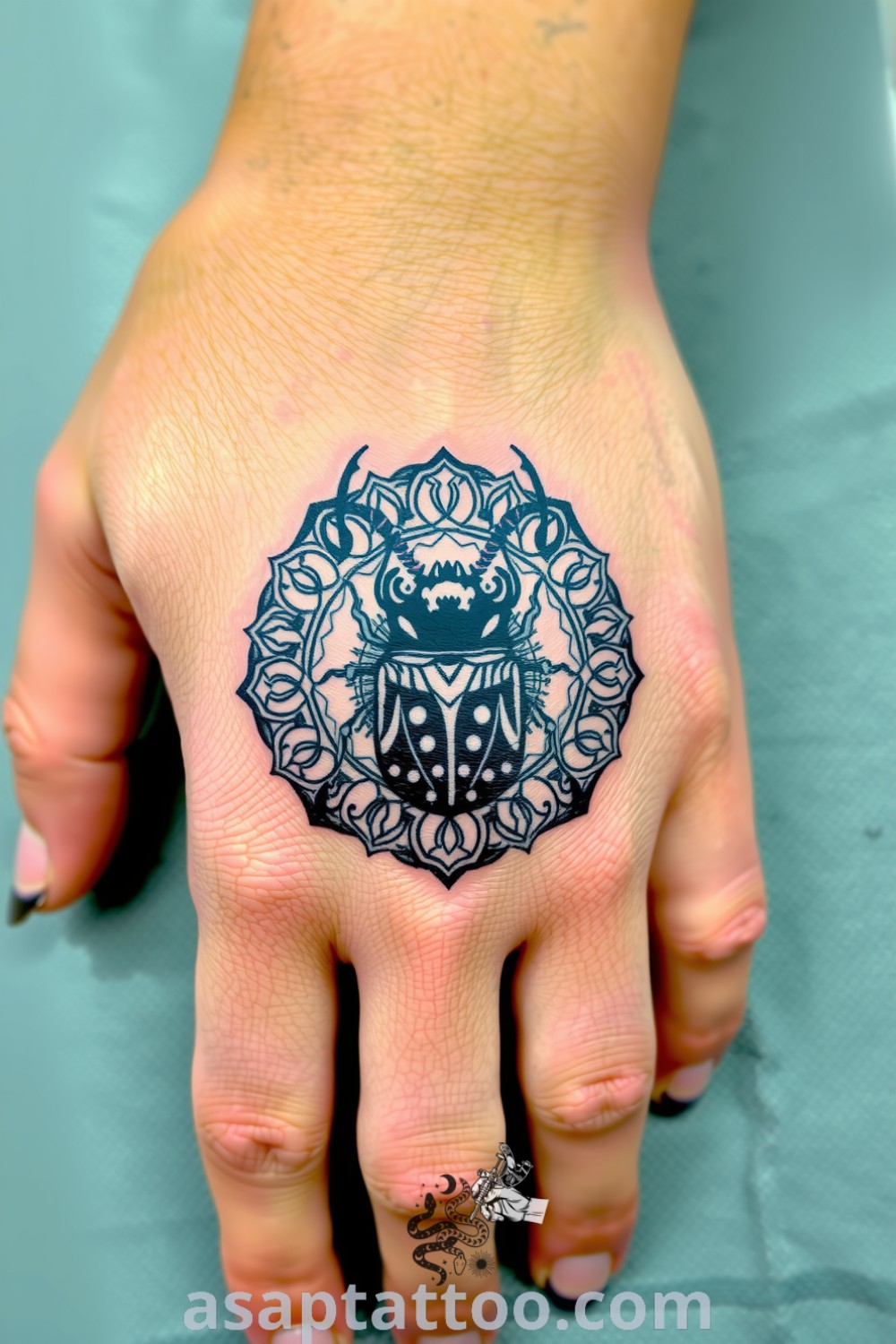 Detailed mandala beetle tattoo with intricate linework in rich blacks and subtle gray shading, showcasing elegant curves and geometric shapes. An amazing tattoo idea that will inspire you to get inked, perfect for personal expression. asaptattoo.com