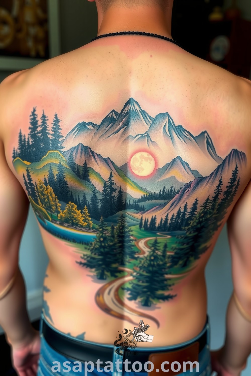 Realistic tattoo of a tranquil forest and majestic mountains with detailed trees and peaks, showcasing rich deep greens and browns. An amazing tattoo idea you will absolutely love. asaptattoo.com