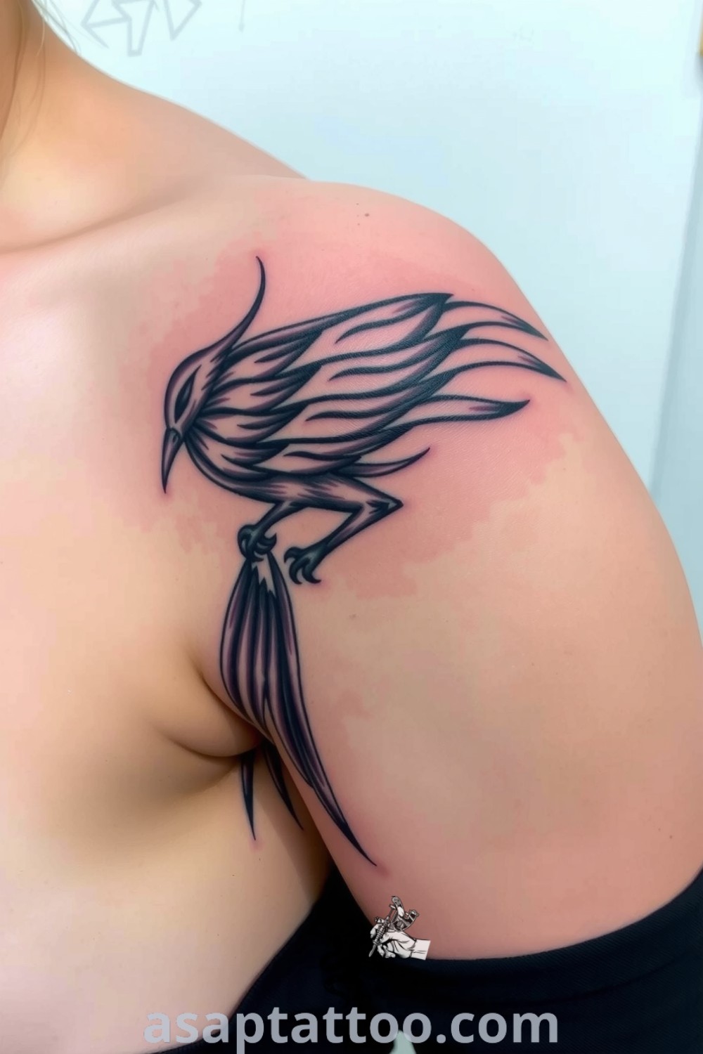 Gothic bird tattoo with intricate linework and deep shading, emphasizing themes of freedom and transformation. A stunning tattoo idea you must see to believe. asaptattoo.com