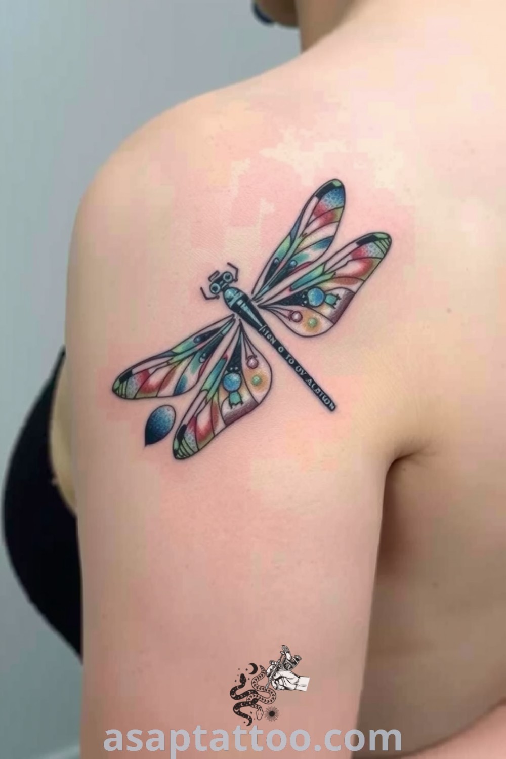 Intricate dragonfly tattoo on the shoulder blade with vibrant blues, greens, blacks, and grays showcasing delicate wings and artistic design. This elegant tattoo idea you must see celebrates beauty and transformation. asaptattoo.com