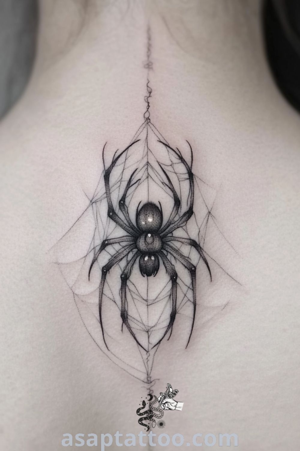 Intricate tattoo of a mystic spider with delicate linework and iridescent colors, creating a beautiful design to inspire you to get inked. asaptattoo.com
