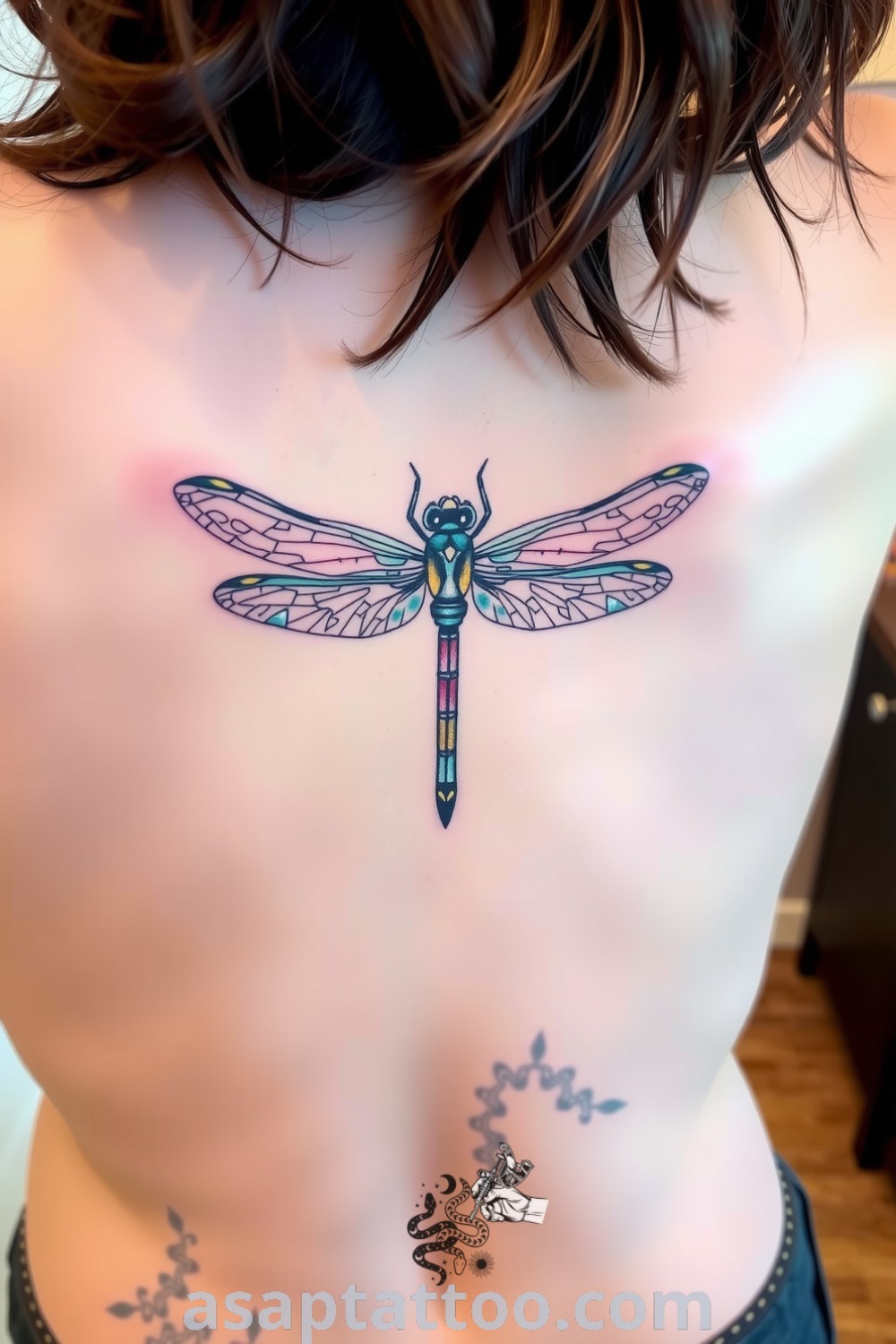Boho dragonfly tattoo with intricate line work, featuring teal and gold shimmer that highlights the wings. An elegant and inspiring tattoo design you must see to believe. asaptattoo.com