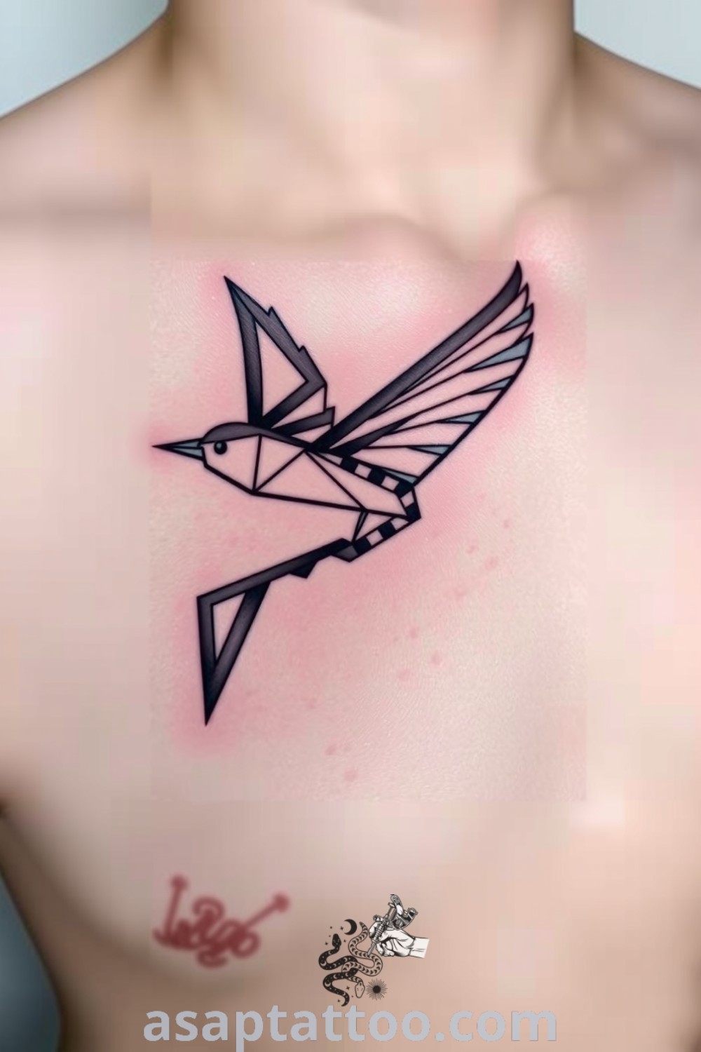 Geometric bird tattoo showcasing sharp angles and negative space with black and grey gradients. An elegant design that captures the beauty of flight and nature. Best tattoo ideas you have to see to believe. asaptattoo.com