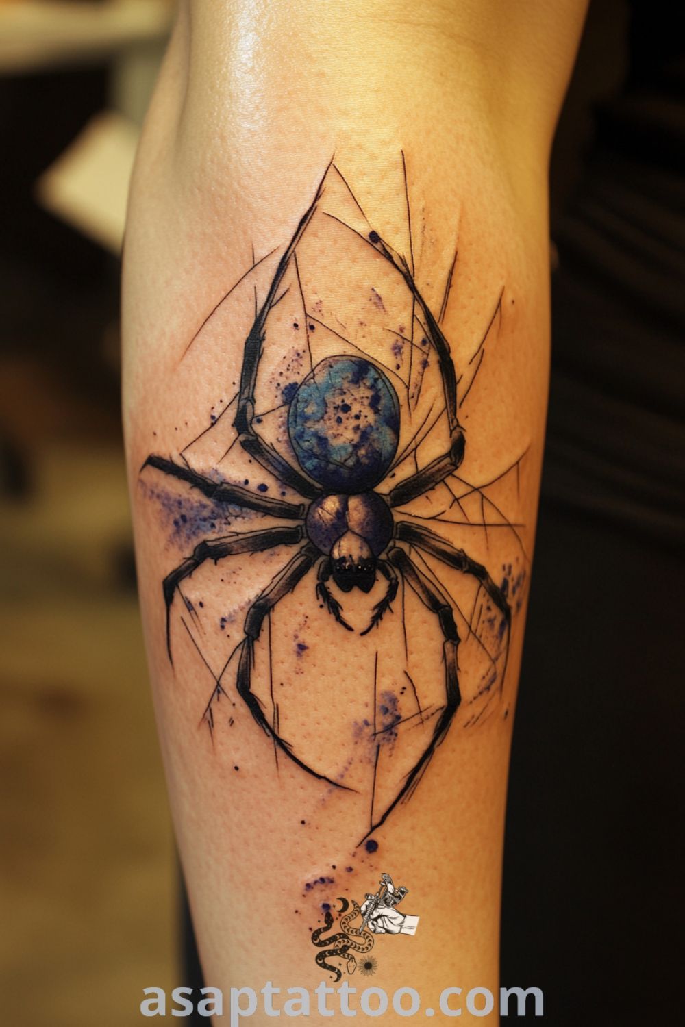 Watercolor spider tattoo showcasing intricate design with deep blues, blacks, and soft grays. A stunning and elegant tattoo idea that will inspire you to get inked. asaptattoo.com