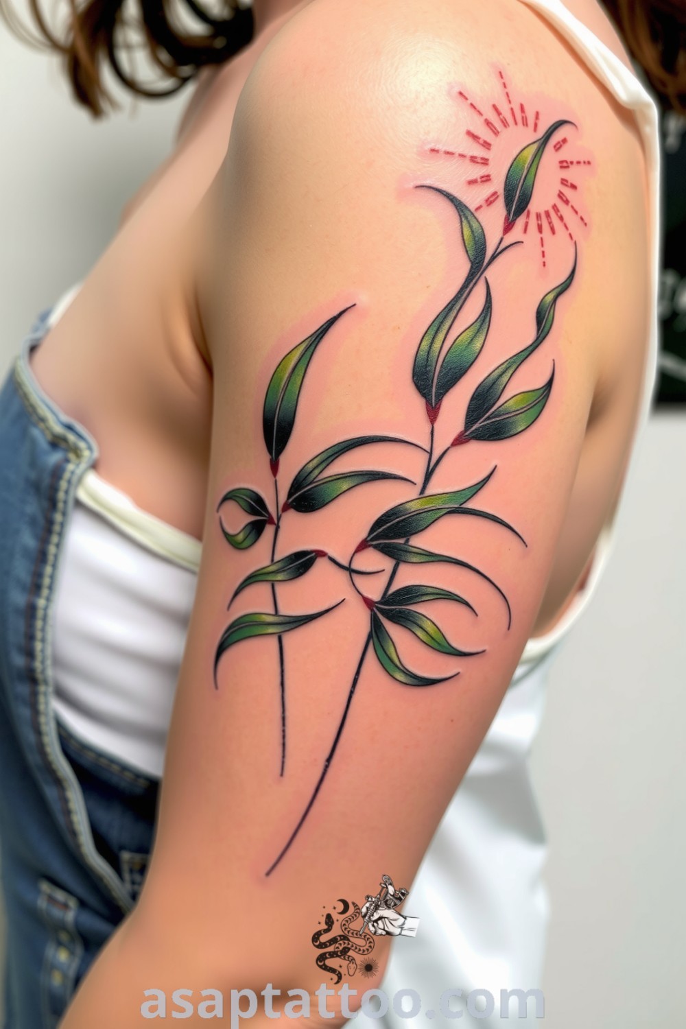 Abstract plants tattoo with elegant freeform strokes and expressive leaves, showcasing rich colors and intricate linework. A gorgeous tattoo idea that will inspire you to get inked. asaptattoo.com