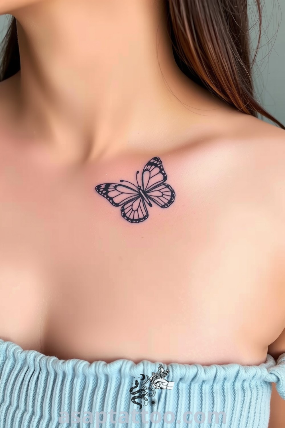 Fine line butterfly tattoo on collarbone with intricate details and soft gradients, beautifully merging with the skin. A gorgeous tattoo idea that will inspire you to get inked. asaptattoo.com