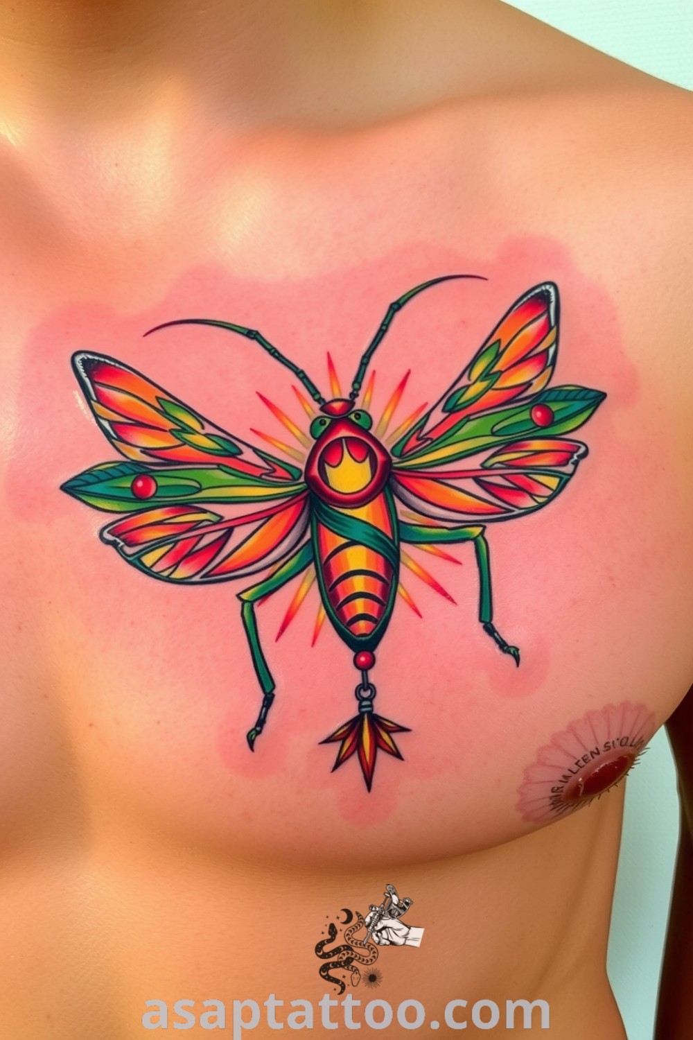 A stunning solar grasshopper tattoo with intricate linework and a vibrant color palette of yellow and green, featuring sun motifs that inspire you to get inked. asaptattoo.com