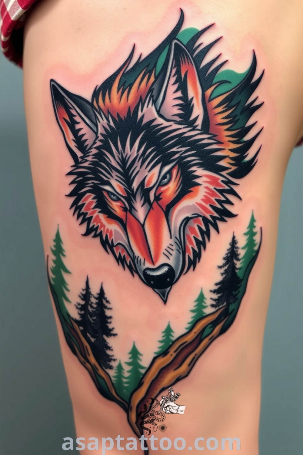 Artistic neo-traditional wolf tattoo with intricate linework in blacks and blues, set against a vibrant forest-themed background. A gorgeous tattoo idea you must see to believe. asaptattoo.com