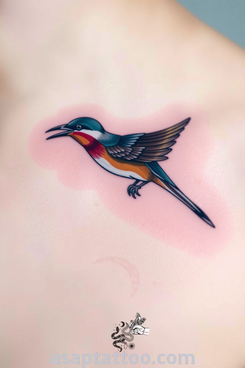 A stunning bird tattoo on the collarbone featuring intricate linework and rich shading, with iridescent colors in the feathers. This elegant design symbolizes freedom and individuality, making it one of the best tattoo ideas you have to see to believe. asaptattoo.com