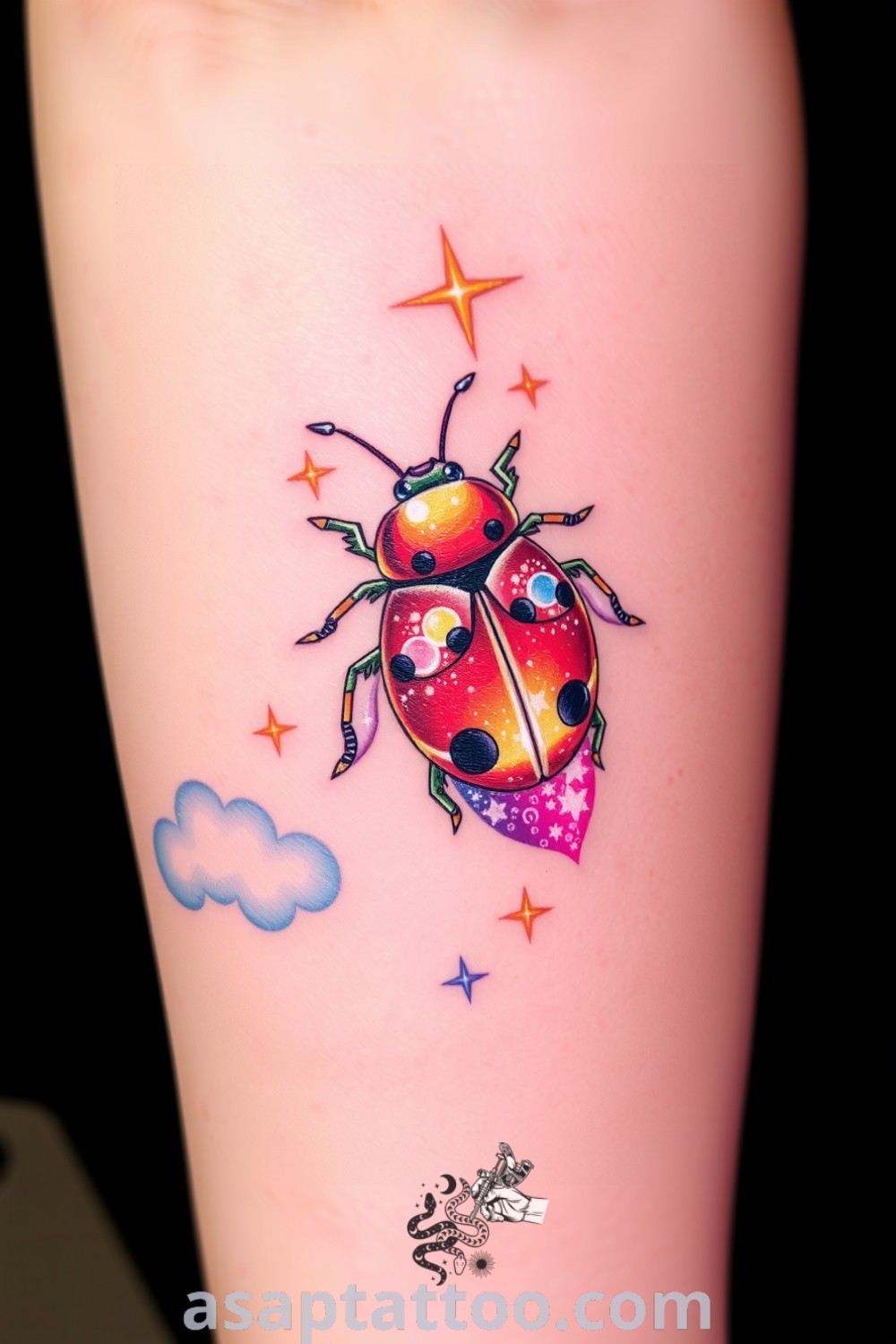 Cosmic ladybug tattoo with celestial patterns, intricate linework, and soft cloud motifs. A gorgeous and inspiring tattoo idea you must see to believe. asaptattoo.com
