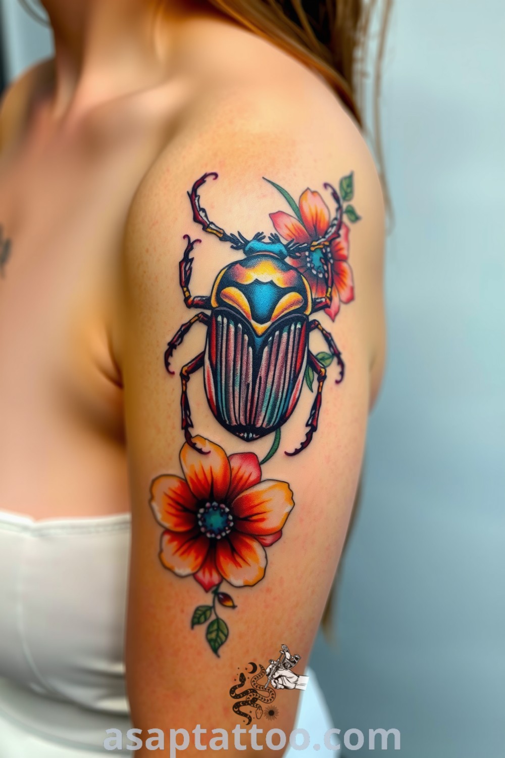 Floral beetle tattoo featuring intricate linework and vibrant surrounding flowers, highlighting the elegance of nature. An amazing tattoo idea you must see to believe. asaptattoo.com